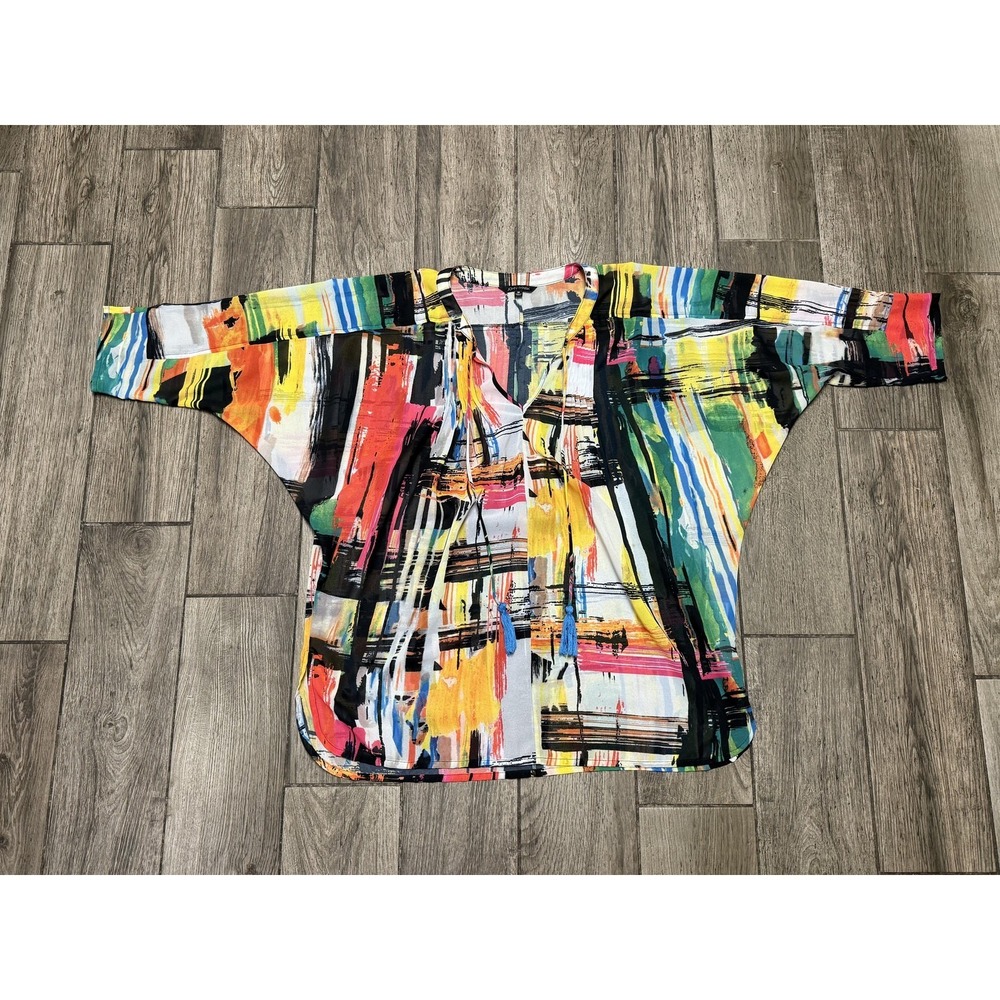 John Mark Shirt Womens Medium Multicolor Abstract V Neck Tassel Tunic Top Dolman